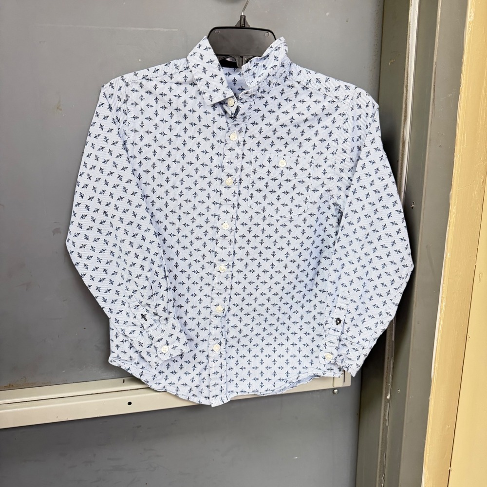 Bonprix Collection Boys Blue White Fleur De Lis Button Down Shirt Size 10-11 Yrs